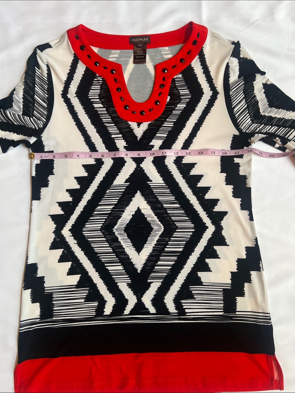 Multiples Sz S Black White Tunic Orange/Red Trim‎ Beaded Neck Pattern Artsy - Picture 5 of 10